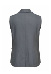 Blazer gris sans manches avec col cranté, vu de dos sur un fond blanc uni.