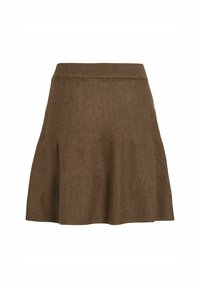 Jupe en tricot marron avec une taille cintrée, une forme évasée et une finition texturée. L'ourlet est légèrement arrondi, ajoutant de la douceur à l'ensemble du design.