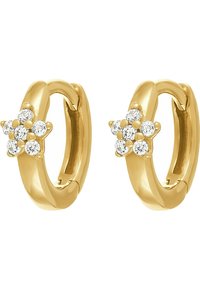 Guldörhängen med en blommönsterdesign prydda med sex klara ädelstenar, slät yta med en polerad finish.