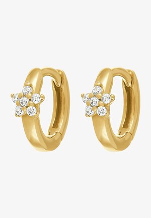 Goldene Creolen mit einem Blumendesign, verziert mit sechs klaren Edelsteinen, glatte Oberfläche mit polierter Oberfläche.