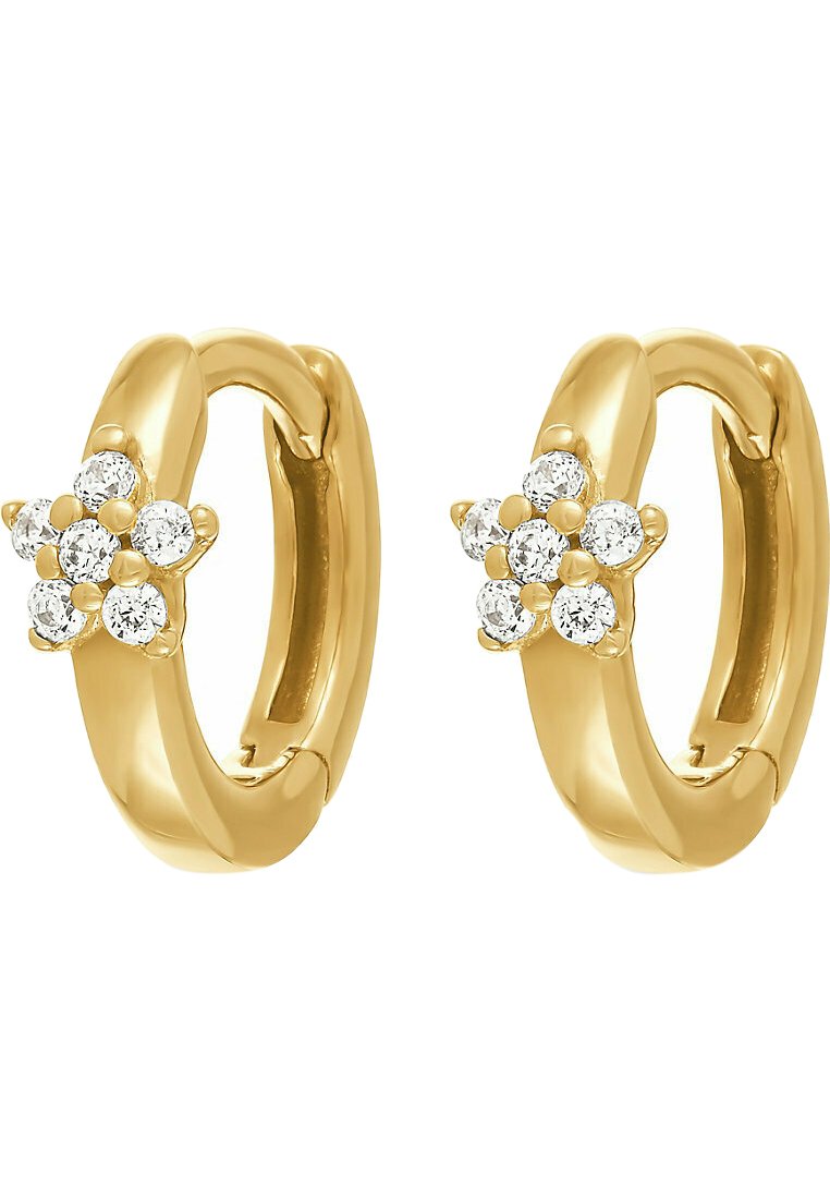 Guldörhängen med en blommönsterdesign prydda med sex klara ädelstenar, slät yta med en polerad finish.