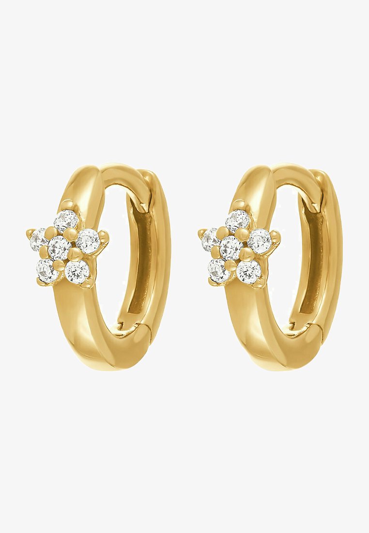 Orecchini a cerchio in oro con design a fiore adornati da sei gemme trasparenti, superficie liscia con finitura lucida.