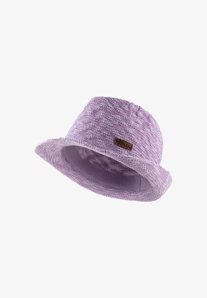 Purple woven bucket hat with a wide brim, featuring a textured pattern and a small brown leather tag on the side.