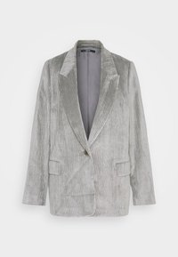 Blazer in corduroy grigio chiaro con righe verticali, rever a punta, chiusura con un bottone e due tasche anteriori. Tessuto liscio e testurizzato.