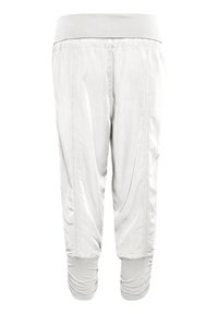 Pantaloni grigi chiari, taglio cropped, realizzati in tessuto morbido con vita elastica e polsini arricciati, caratterizzati da dettagli alle cuciture laterali.