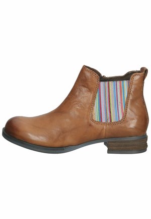 Bottine en cuir marron avec un panneau en textile rayé rose, bleu et vert. Talon bas et empilé avec une design à bout arrondi.