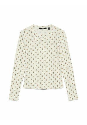 Chemise à manches longues en tissu beige clair avec un petit motif d'arbres marron. Elle présente un col rond et une coupe décontractée. Surface douce et texturée.