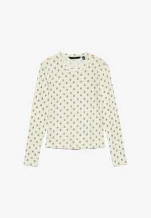 Chemise à manches longues en tissu beige clair avec un petit motif d'arbres marron. Elle présente un col rond et une coupe décontractée. Surface douce et texturée.