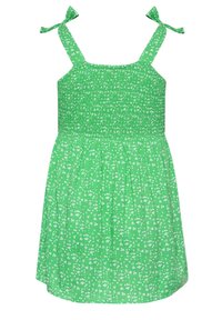 Vestido verde con cuerpo fruncido y tirantes ajustables con lazos, con un patrón floral blanco en la tela y una falda acampanada.