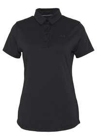 Polo noir à manches courtes avec col à boutons et logo subtil sur le côté gauche de la poitrine.