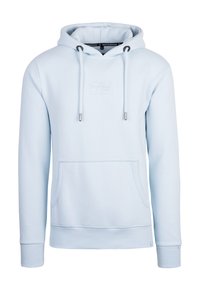 Hellblaue Kapuzenjacke aus weichem Stoff, mit einer frontalen Kängurutasche, einer Kapuze mit Kordelzug und einem gestickten Logo auf der Brust.