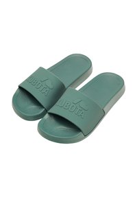 Green rubber slide sandals with a wide strap featuring embossed logo, textured footbed for grip, and rounded toe design.