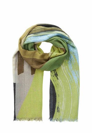 Écharpe légère avec des motifs abstraits de coups de pinceau en tons verts, bleus, marron, noir et beige, bords effilochés, pliée de manière lâche.