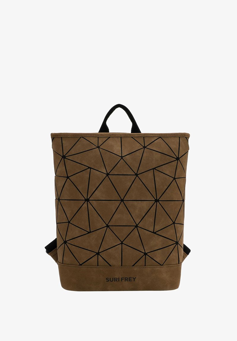 Prune nahkseljakott, millel on geomeetriline must Muster, ülemine käepide ja reguleeritavad rihmad. Logoga alumises osas.