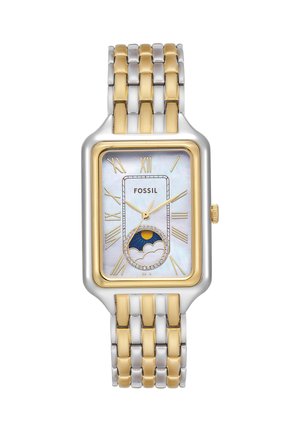 Rechteckige silberne und goldene Fossil-Uhr mit Perlmutt-Zifferblatt, goldenen römischen Zahlen und Anzeige der Mondphase mit Sonne und Wolke bei 6 Uhr.