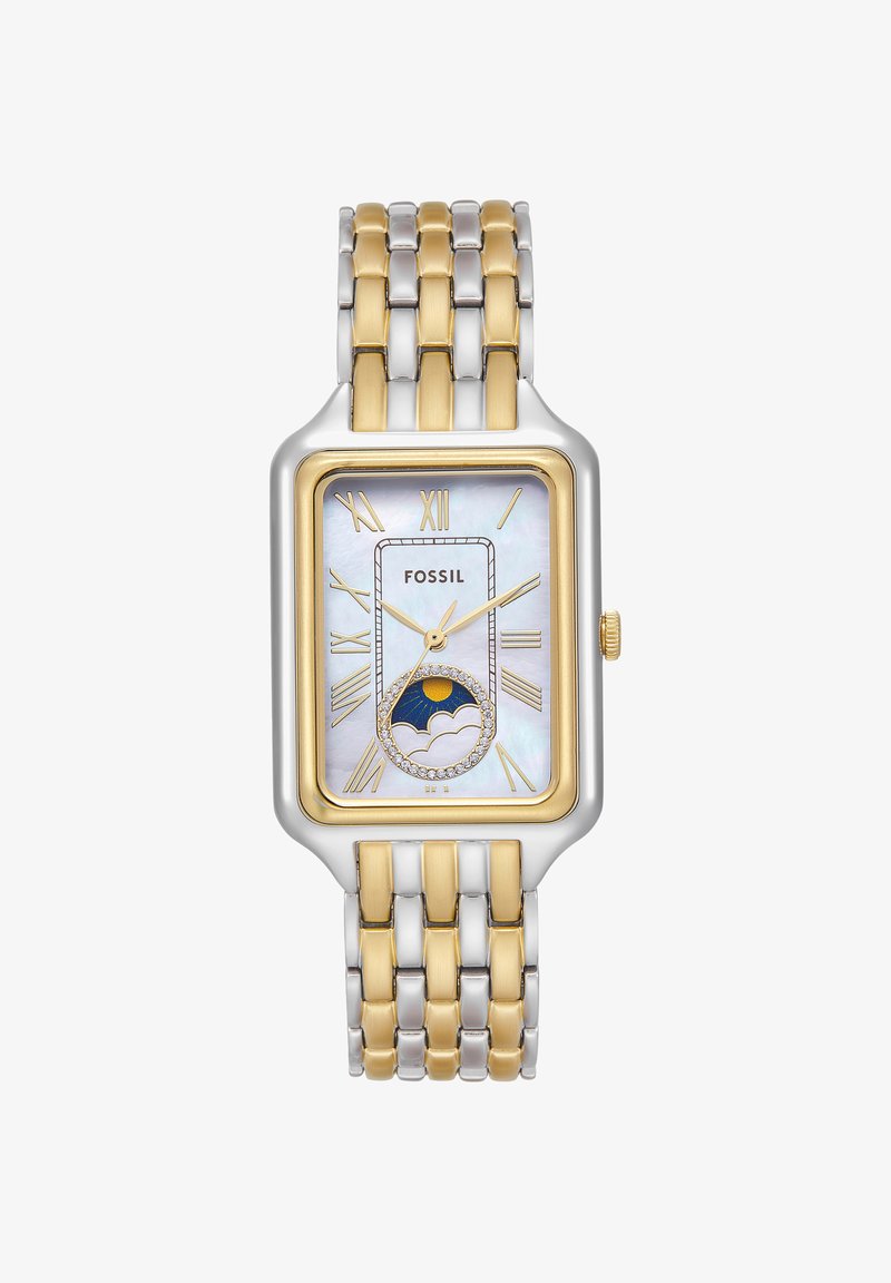 Montre rectangulaire Fossil en argent et or avec cadran en nacre, chiffres romains dorés et affichage des phases de lune soleil et nuage à 6 heures.