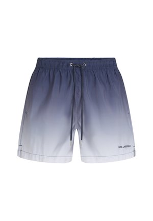 Herren-Badeshorts mit einem Farbverlauf von Blau zu Weiß, elastischem Bund, schwarzem Kordelzug, Seitentaschen und kleinem Karl Lagerfeld-Logo am Bein.