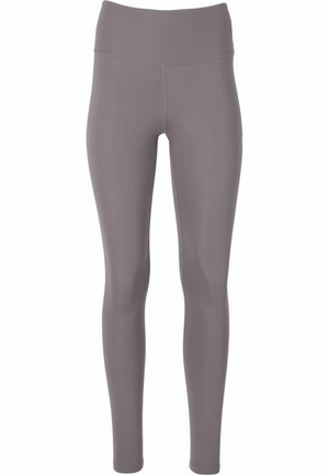 Grå leggings gjorda av stretchigt material med hög midja, som har en glatt yta och inga synliga mönster eller detaljer.