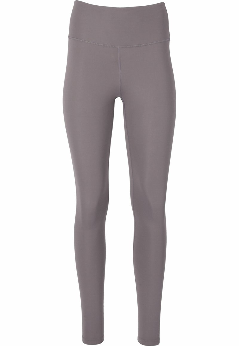 Grå leggings gjorda av stretchigt material med hög midja, som har en glatt yta och inga synliga mönster eller detaljer.