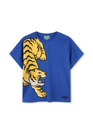Blauwe katoenen T-shirt met een gele tijgerafbeelding met zwarte strepen, ronde hals, korte mouwen en een logodetail aan de zoom.