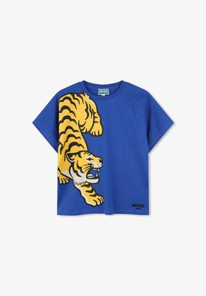 Blauwe katoenen T-shirt met een gele tijgerafbeelding met zwarte strepen, ronde hals, korte mouwen en een logodetail aan de zoom.