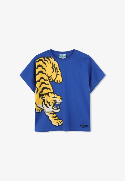 T-shirt en coton bleu avec un motif de tigre jaune à rayures noires, col rond, manches courtes et un détail de logo à l'ourlet.