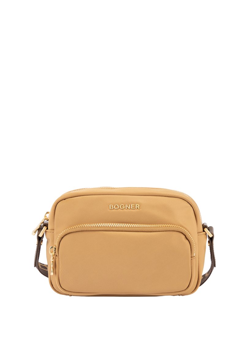 Borsa a tracolla in nylon tan con una tasca frontale con zip, hardware dorato e una tracolla regolabile per maggiore comodità. Logo impresso sul davanti.