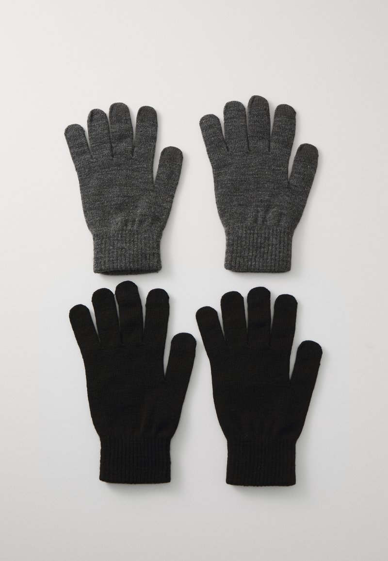 Two pairs of gloves: one gray with a ribbed cuff, another solid black. Both feature a textured knit design and five-finger coverage.