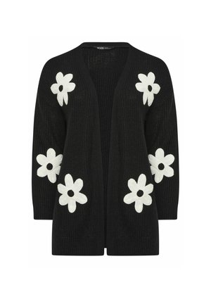 Czarny kardigan z otwartym przodem, ozdobiony sześcioma dużymi białymi wzorami stokrotek na rękawach i przednich panelach.