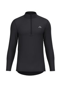 Camisa deportiva negra de manga larga con cremallera de cuarto y un pequeño logotipo triangular en el lado izquierdo del pecho, que presenta un alto cuello y un diseño ajustado.