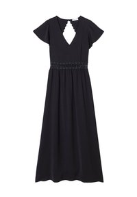 Abito maxi blu navy con maniche a farfalla, scollo a V, schiena con taglio a scallop e dettagli ricamati in vita. Tessuto leggero e liscio.