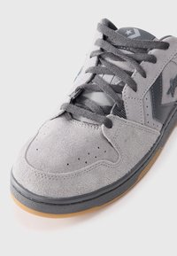 Sive sive tenisice za skateboard s sivim detaljima, ravne vezice, gumeni potplat i perforacije na prednjem dijelu za prozračnost.