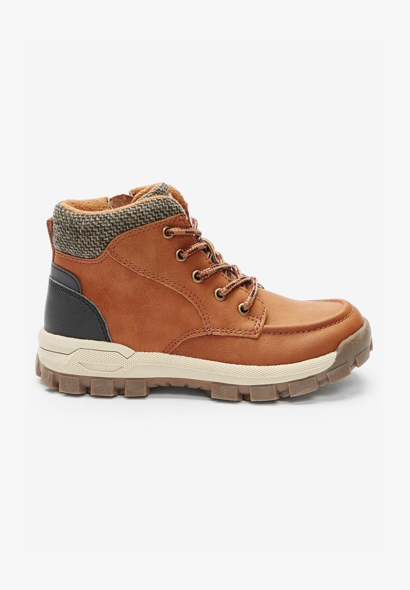 Brown leather ankle boot with a textured gray-knit collar, featuring lace-up design, rubber sole, and contrasting black heel accent.