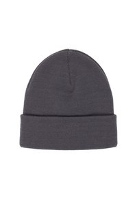 Szary dzianinowy beanie z podwiniętym mankietem, ułożony na płasko na białym tle, eksponujący swoją teksturę i kształt.