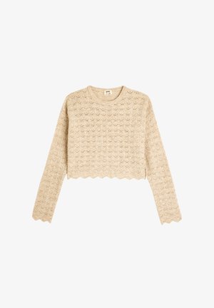 Beiger verkürzter Pullover mit langen Ärmeln, der ein strukturiertes Lochstrickmuster und einen gewellten Saum für zusätzliche Details aufweist.