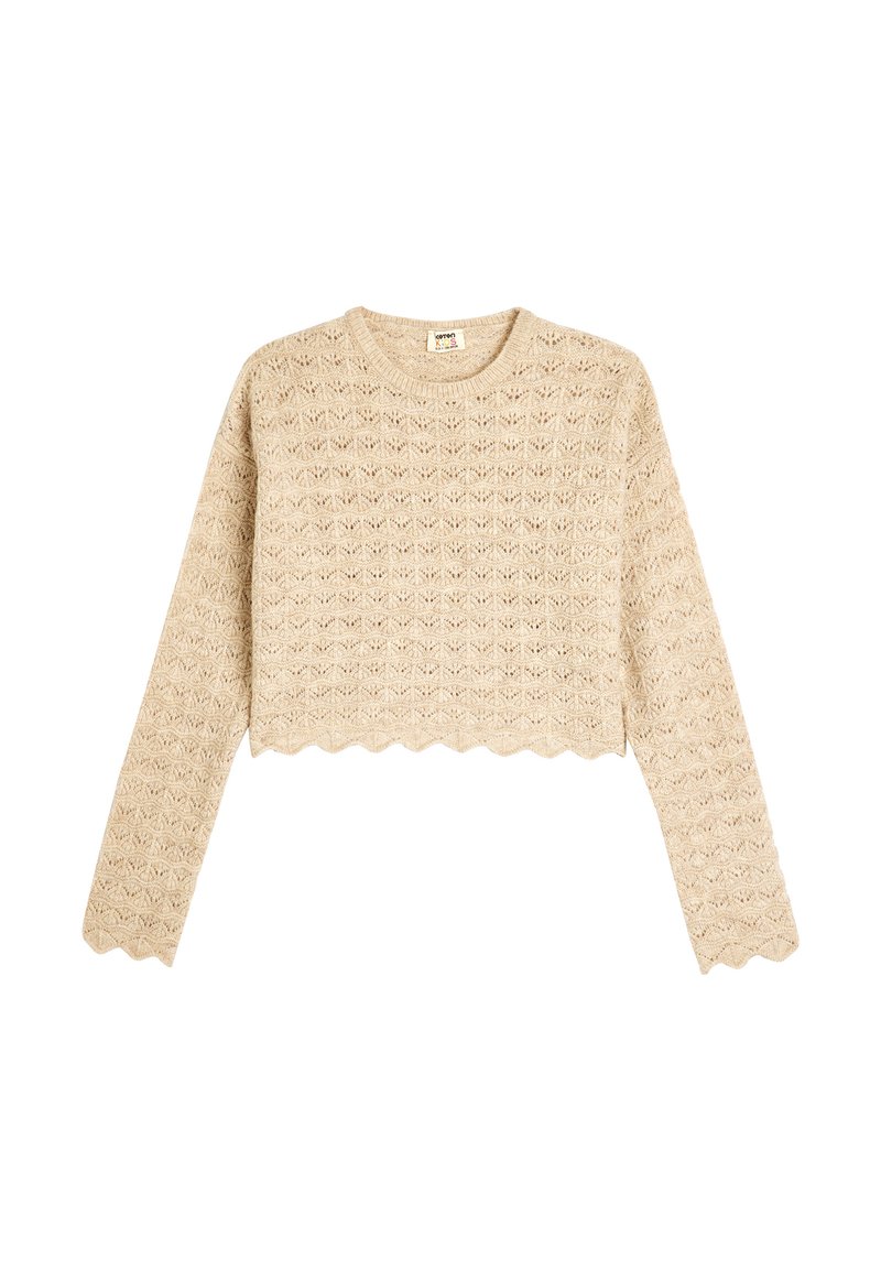 Pull court beige à manches longues, avec un motif tricoté ajouré texturé et un ourlet en dentelle pour une touche ajoutée.