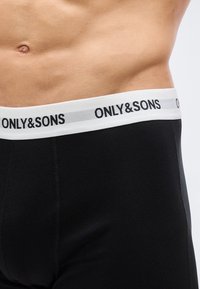 Männlicher Oberkörper mit schwarzen Boxer-Shorts mit weißem Bund, gebrandet mit "ONLY & SONS", sichtbar sind der Nabel sowie ein Teil des Unterbauchs und der Hüfte.