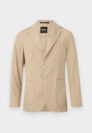 Beige men's blazer with two buttons, notch lapel, patch pockets, chest pocket, and BOSS label inside collar.