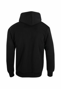 Felpa nera con cappuccio e cordino, caratterizzata da una texture liscia, maniche lunghe e orlo e polsini a coste. Nessun dettaglio di design frontale visibile.