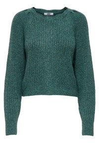 Pull en tricot bleu sarcelle avec une texture côtelée, encolure ronde et manches longues. Présente des boutons aux épaules et un design court.
