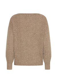 Maglione beige lavorato a maglia con un motivo testurizzato caratterizzato da linee verticali e piccoli fori. Maniche lunghe, leggermente a sbuffo, e vestibilità rilassata.