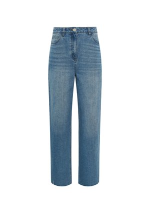 Jeans de mezclilla en azul claro con cintura alta y corte ancho. Presentan dos bolsillos frontales y un ligero desgastado a lo largo de la tela.