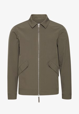 Olive green lightweight jacket with a pointed collar, zip front, and two angled side pockets. Smooth texture, minimalist design.