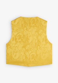Geel mouwloos topje met een subtiel paisleypatroon, gestructureerde stof en een strakke, rechte snit zonder aanvullende versieringen.