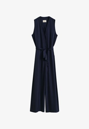 Mouwloze marineblauwe jumpsuit met V-hals, knopen aan de voorkant, stoffen ceintuur in de taille en brede pijpen.