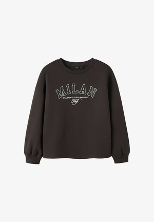 Černá mikina s potiskem "MILAN Galleria Vittorio Emanuele Italy" v bílé barvě na přední straně, s dlouhými rukávy a žebrovanými manžetami.