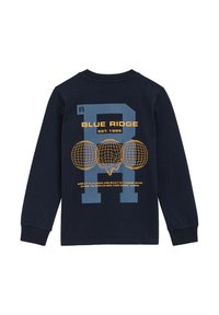 Jūrų laivyno ilgaeigė marškinė su dideliu mėlynu „R“ logotipu, tekstu „BLUE RIDGE“ ir geltonomis pasaulio grafikomis, su raišteliais rankovuose ir apvaliu kaklu.