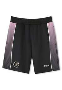 Juodos sportinės šortai su gradientiniu tinkliniu dizainu, violetinėmis ir baltomis juostelėmis, bei šešiakampiu logotipu. Elastingas juosmuo patogumui.