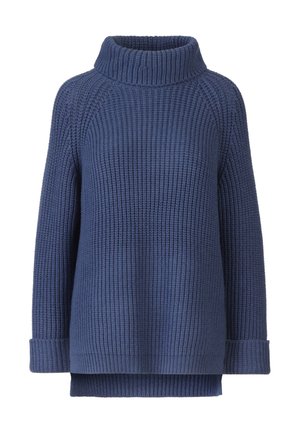 Pull bleu marine à col haut côtelé, doté d'un design en maille texturée, avec des épaules tombantes et des poignets larges. Coupe ample et décontractée.