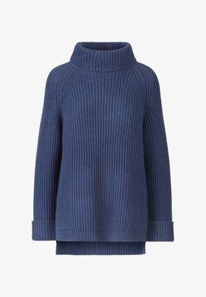 Marineblauwe trui met een hoge ribbelkraag, voorzien van een gemêleerd breipatroon, verlaagde schouders en wijde boorden. Boxy, ontspannen pasvorm.